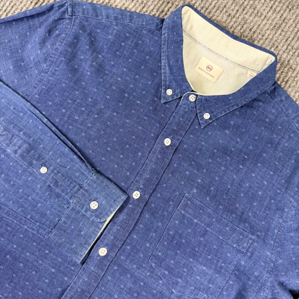 AG Adriano Goldschmied Shirt Mens L Blue Indigo Micro Print Cotton Button Down